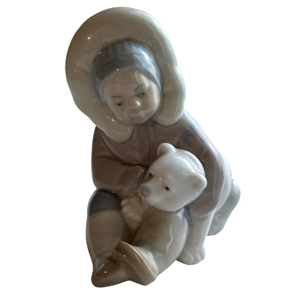 Vtg Lladro Inuit Child With Polar Bear Figurine Handcrafted Porcelain Glossy